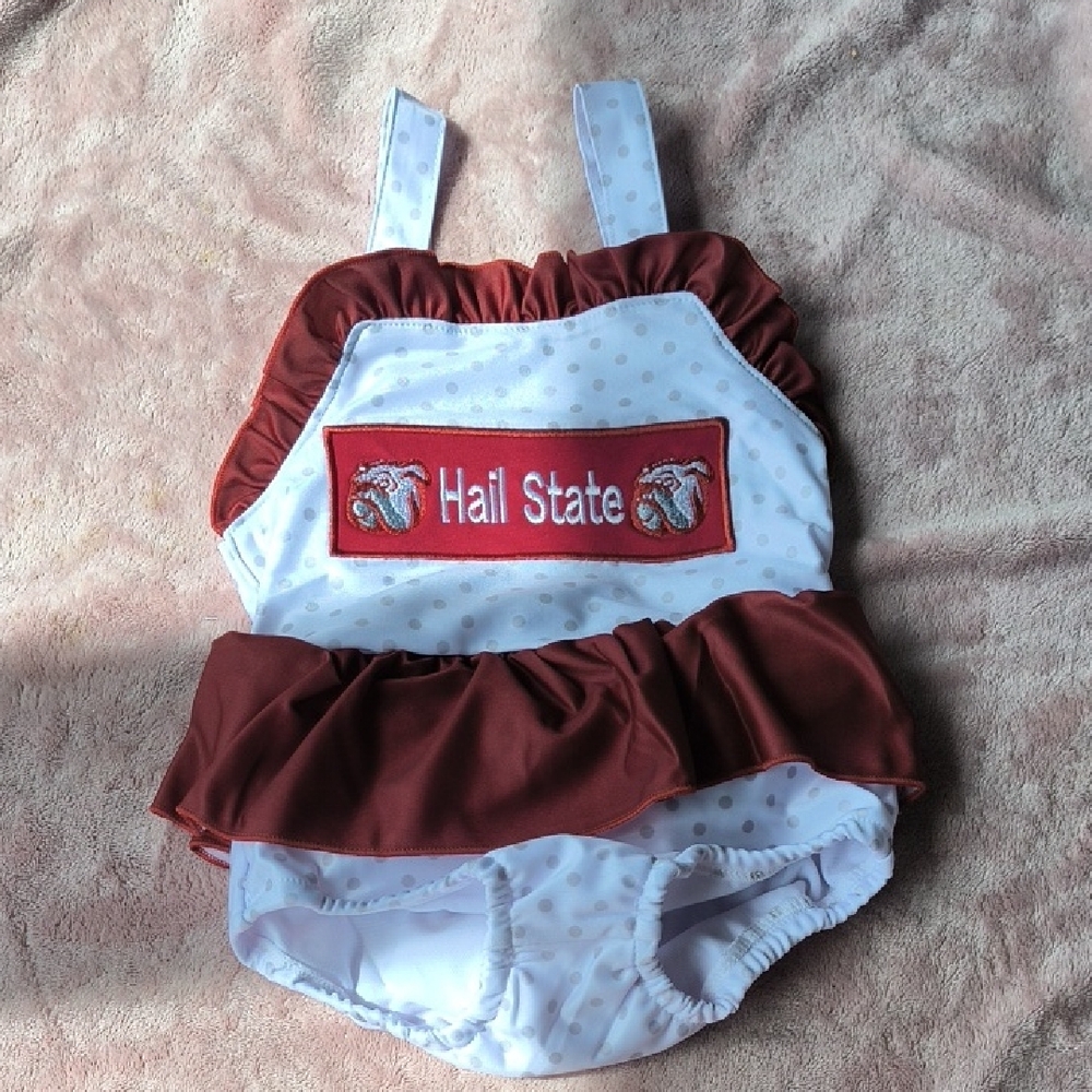 Hail State Baby Swimsuit in White and Maroon